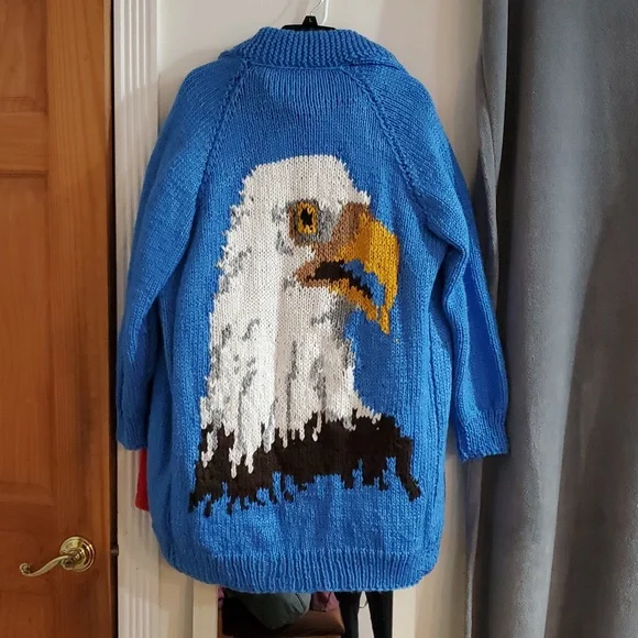 Hand Knit Bulky Cardigan Sweater Eagle Sweater Royal Blue XL - Picture 1 of 12